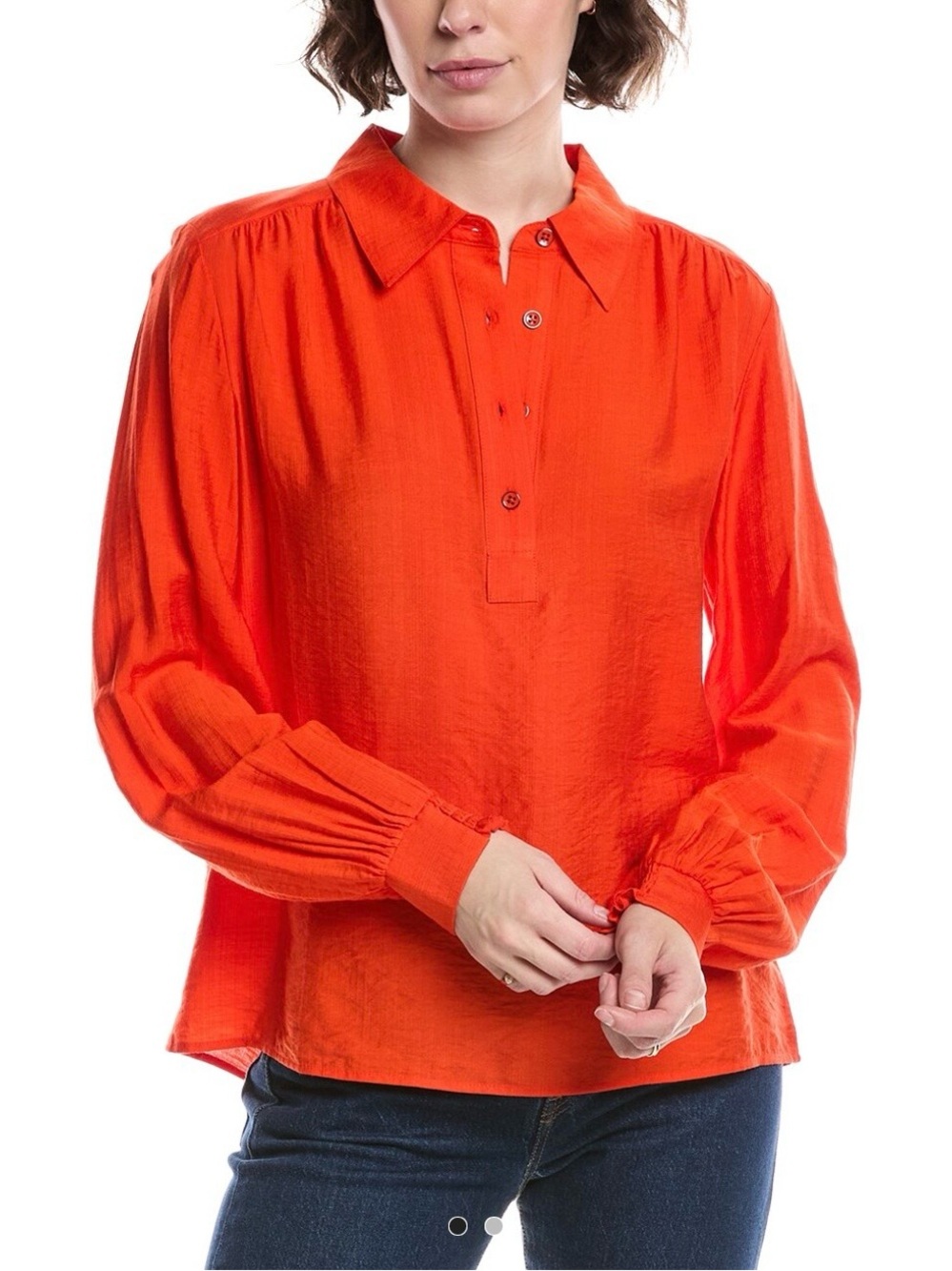 Cabi xs womens popover blouse top orange long sleeve smocked classic shirt